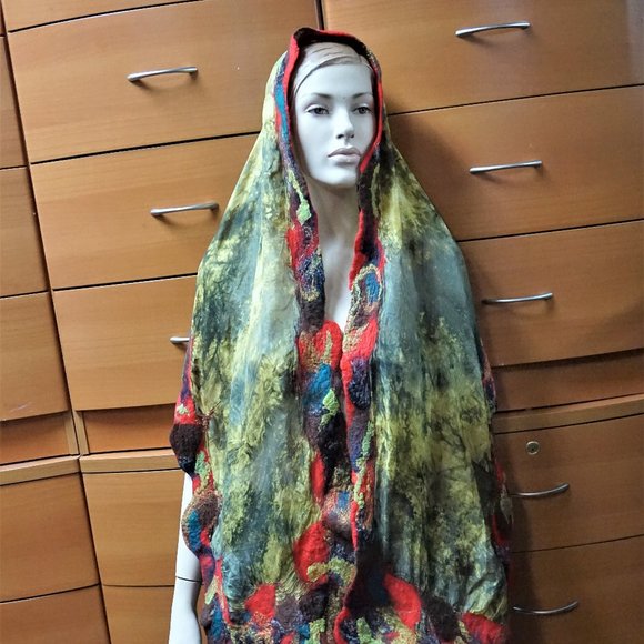 BATIK SILK FELTED WOOL TRIM HUGE SHAWL HANDMADE GIFT FOR WOMEN - Picture 14 of 16